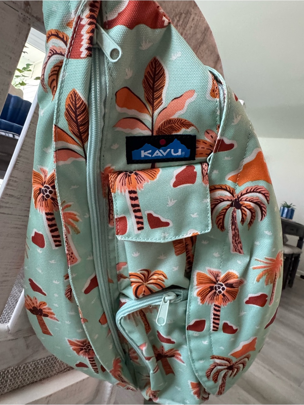 Kavu Mint Green Sling Bag with Orange Palm Print